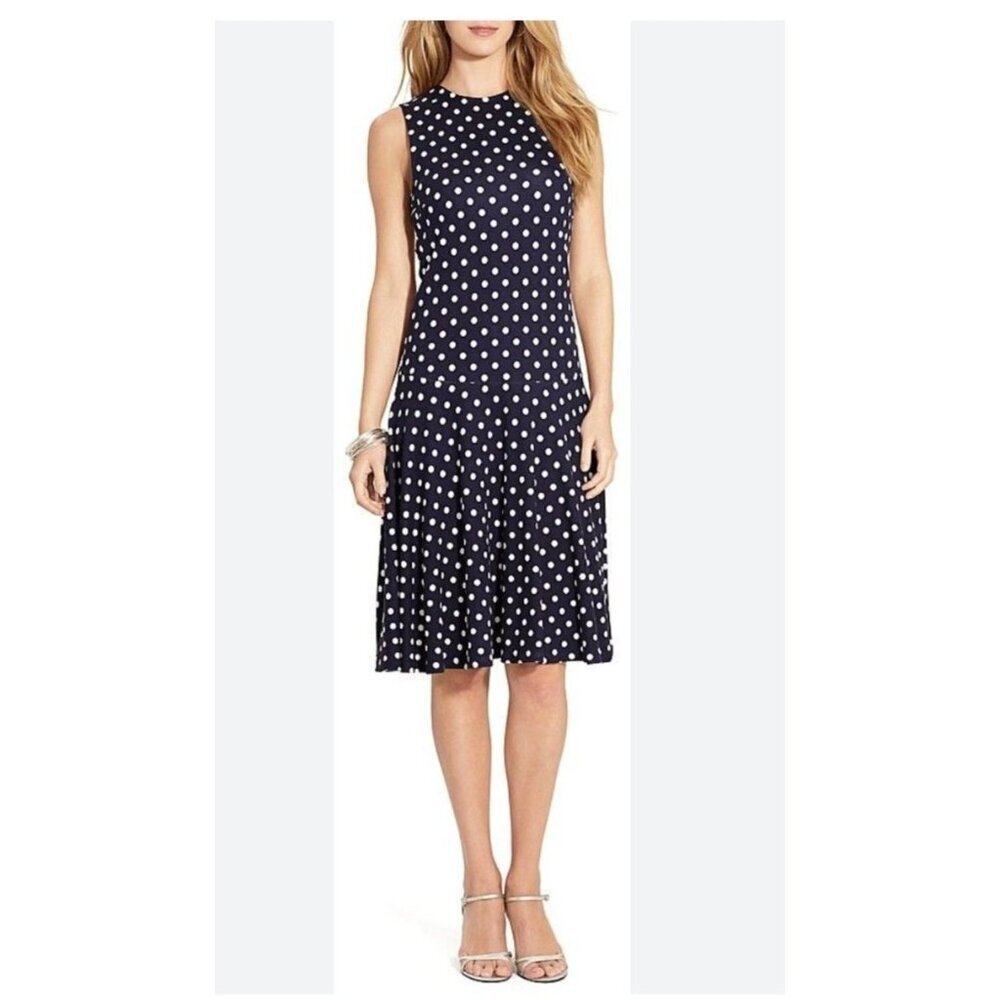 NEW‎ Lauren Ralph Lauren Midi Dress Medium Polka Dot Drop Waist B & W Preppy Mod